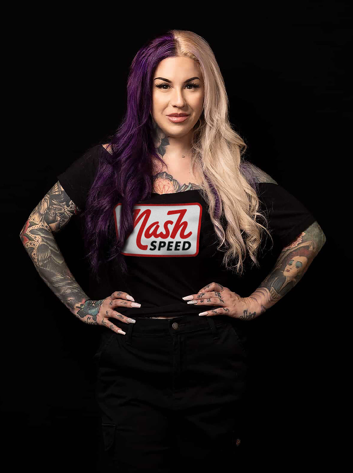 Kollette wearing a black shirt with 'Nash Speed' logo against a black background